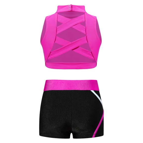 Hansber Kids Girls Tracksuit Gymnastics Leotard Sleeveless Workout Crop Top with Dance Shorts Tumbling Outfits Hot Pink 4
