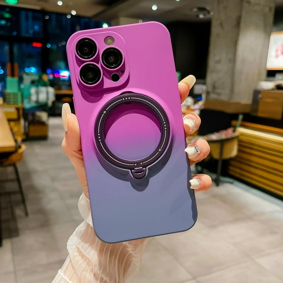 Compatible with iPhone 15 Pro Max Magnetic Case, Luxury 360 Rotating Gradient Color Hidden Stand Case, Compatible with MagSafe for Women Girls with Camera Protector Back Cover-Purple&Gray