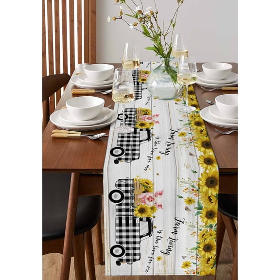 Farm Sunflowers on Top Table Runner 13x72in Non-Slip Cotton Linen Table Runners, Cute Pig on Black White Plaid Car Dresser Scarves TableRunner for Dinner Kitchen Dining Wedding Party