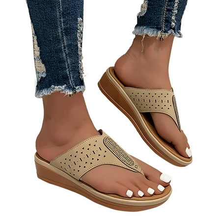 

ZIZOCWA Clip Toe Wedge Sandals Women 2023 Summer Thick Platform Beach Sandals Woman Vintage Low Heels Sandalias De Mujer Beige Size8.5