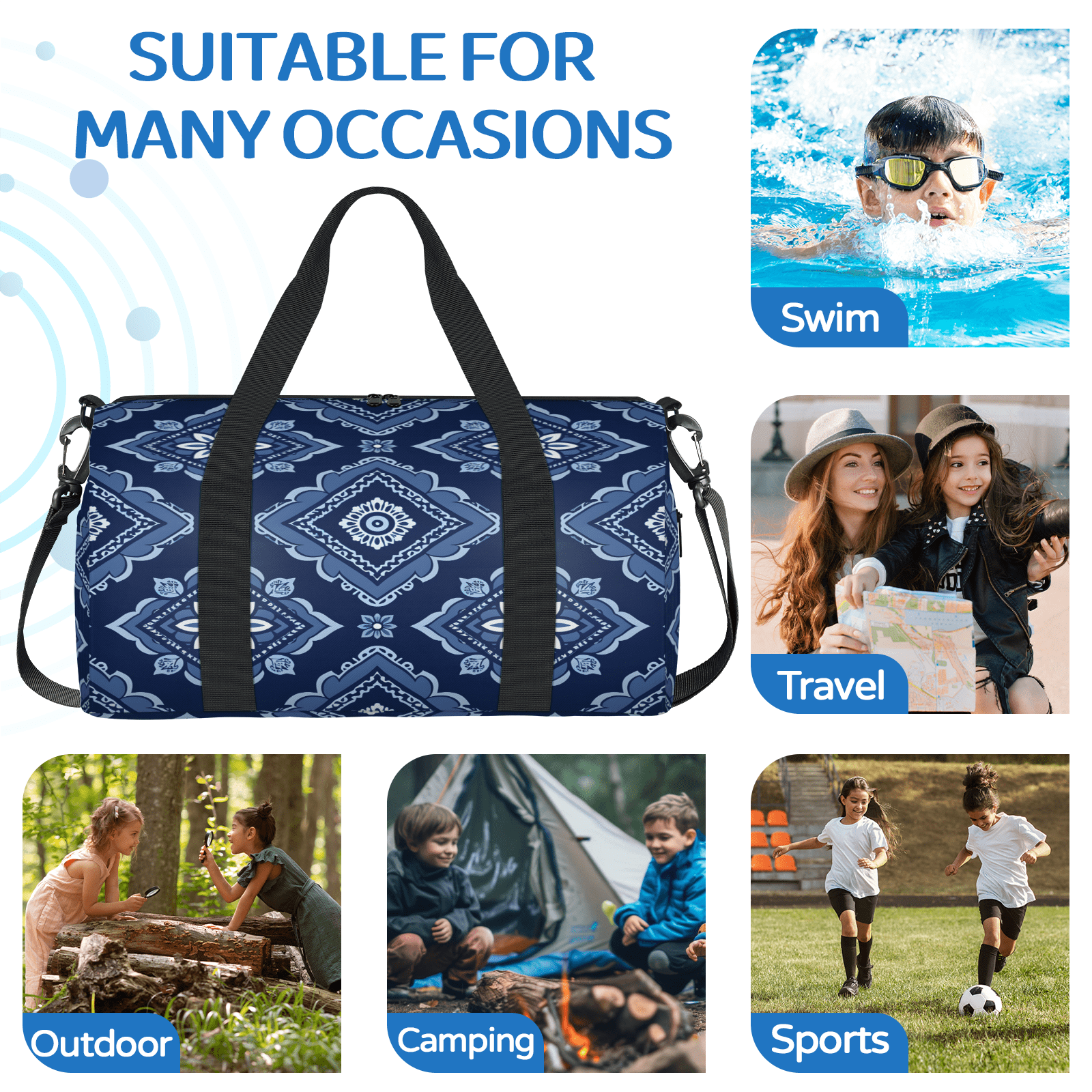 Herdesigns Modern Floral Geometric Travel Duffle Bag Sports Yoga Weekender Overnight Carry on Workout Bags Lightweight Waterproof Gym Tote Bag for Women Vintage