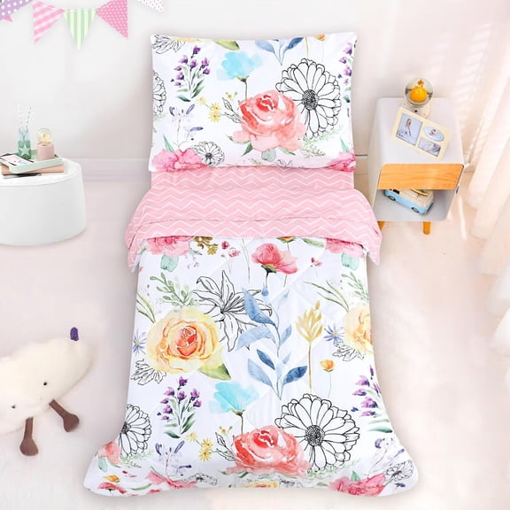 4 Pieces Floral Toddler Bedding Set for Girls, Soft Breathable Toddler Comforter Set, Includes Reversible Comforter, Pink Fitted Sheet and Flat Sheet, Pillowcase, Watercolor Flower