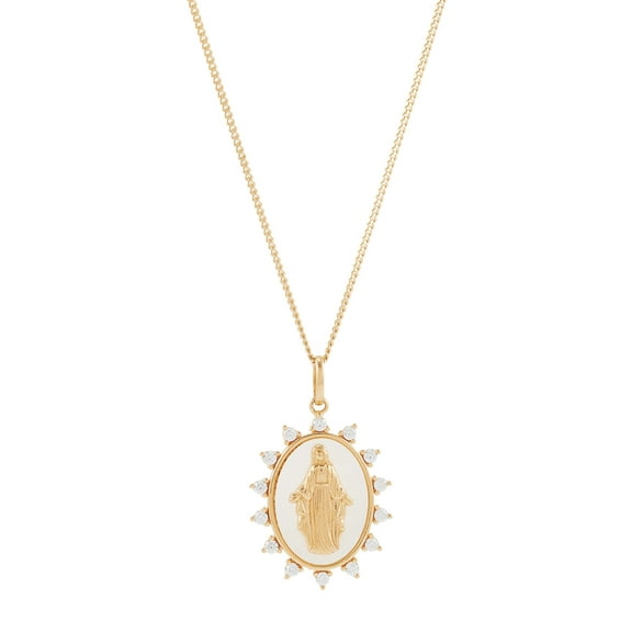 Brilliance Fine Jewelry Mother of Pearl Cubic Zirconia Mary Pendant in Sterling Silver and 14KT Gold Plate