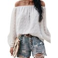 thumbnail image 3 of Women Off Shoulder Dot Pattern Lantern Long Sleeve Solid Color Blouse, 3 of 7