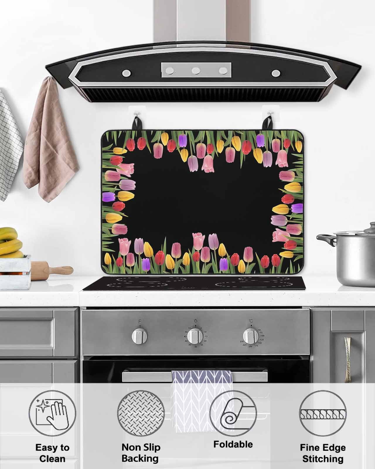 Large Induction Cooktop Protector Mat Easter Tulip Stove Top Covers for Electric Stove, Spring Watercolor Country Flower Plant Decorative Stove Burner Cover Mats, Glass Top Stove Cover