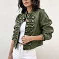 thumbnail image 5 of Yuaguia Women's Vintage Military-Style Denim Jacket, Double-Breasted Button Front Crop Coat with Stand Collar, Soft Stretchy Long Sleeve Jeans Outerwear for Fall Fashion & Daily Wear, Army Green XL, 5 of 5