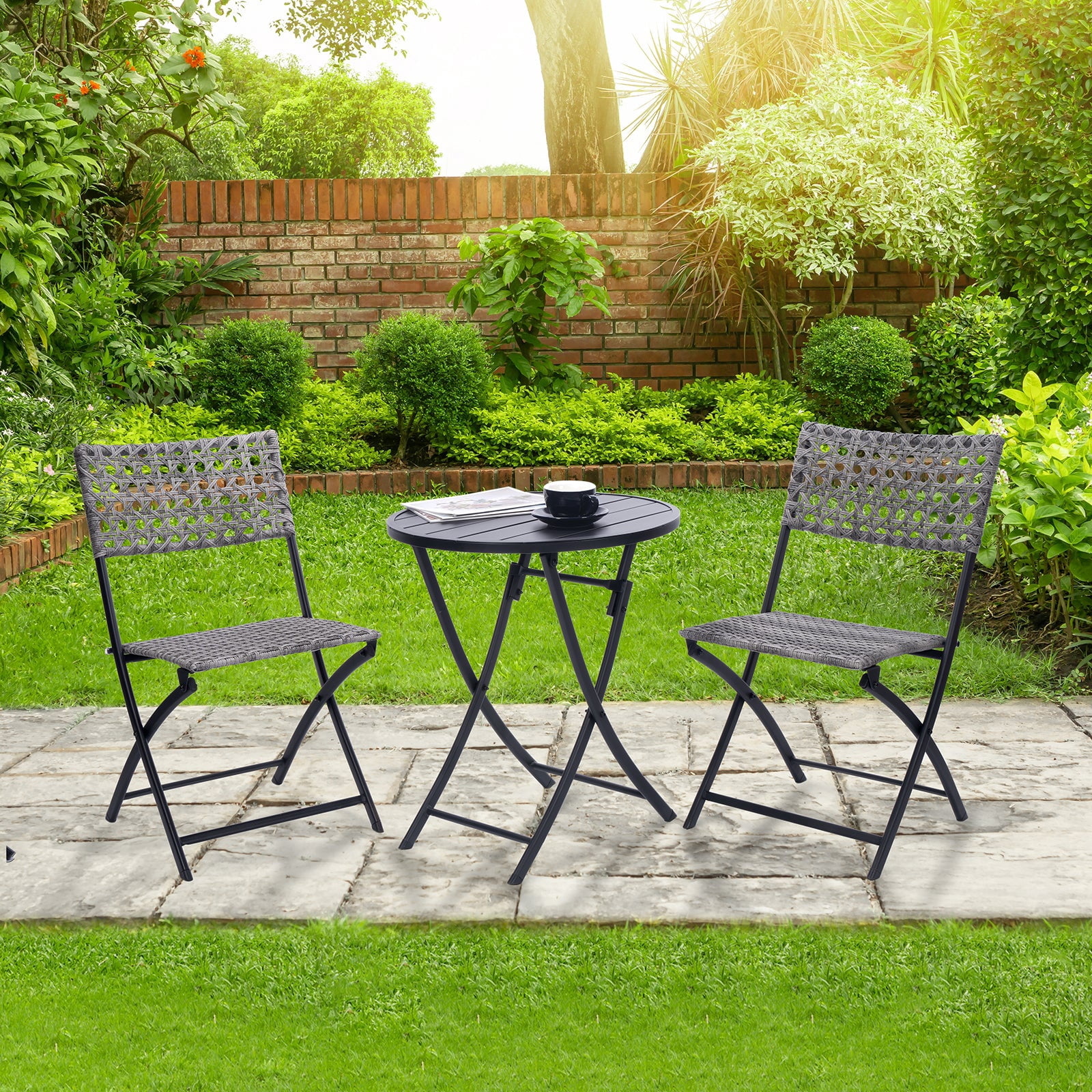 3 Piece Folding Outdoor Patio Bistro Set, Wicker Patio Furniture Sets with Table and Chairs for Garden, Backyard, Porch, Patio - Patio Conversation Set