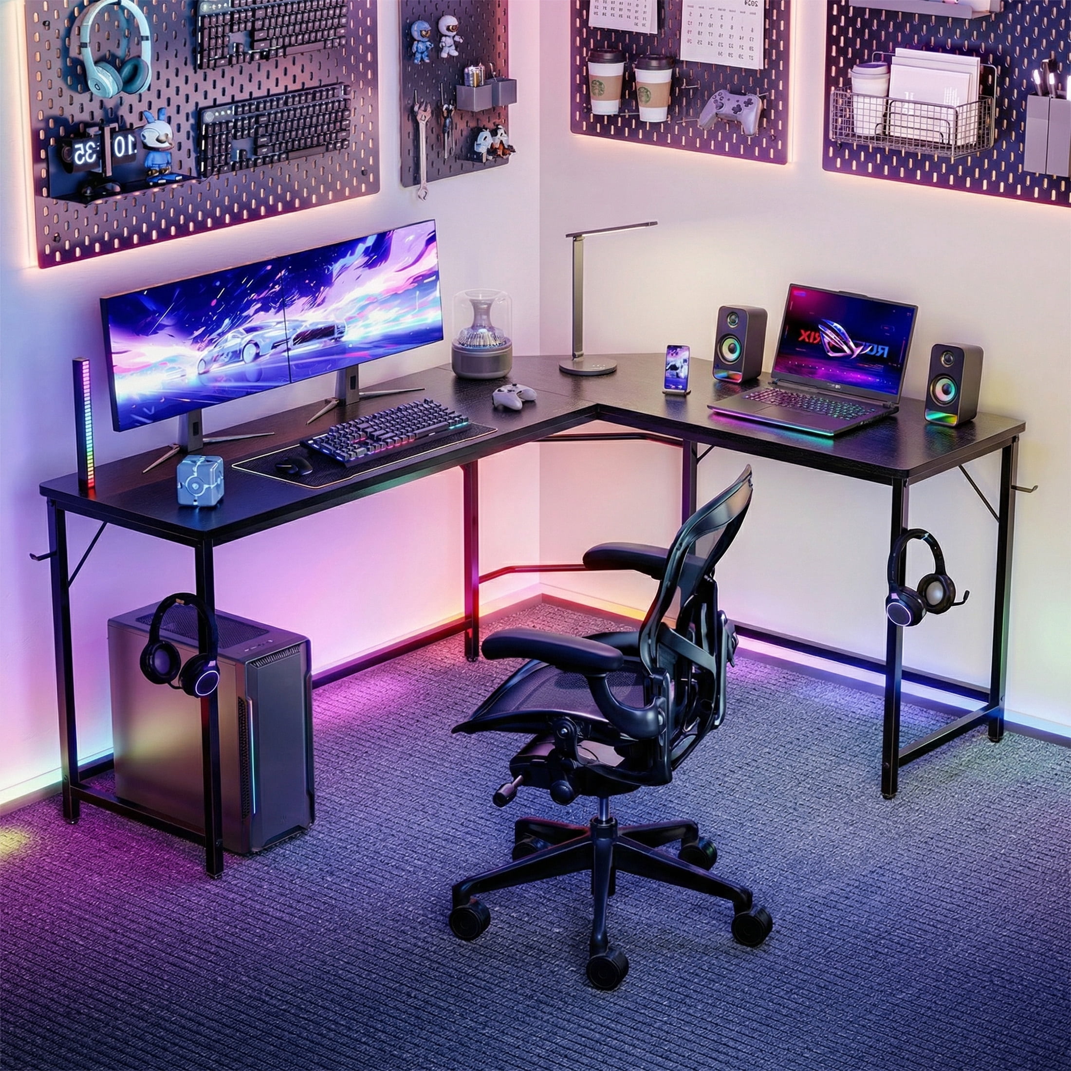 CONCETTA 66” L Shaped Computer Desk with Movable CPU Stand, Corner Desk for Save Space, Home Office, Black