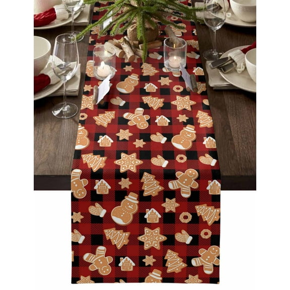 Christmas Table Runner Gingerbread Man Table Runners Cookie Red Black Buffalo Plaid Cotton Linen Dresser Scarf Kitchen Dining Table Decor for Christmas Holiday Party Decor 13x90 Inch