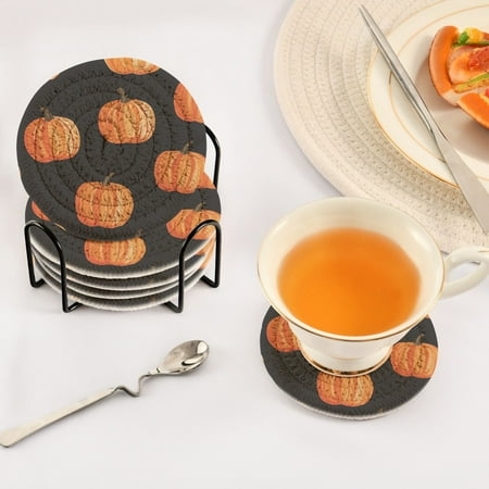 

Handdrawn Pumpkin Pattern Set of 6 Durable Woven Polyester Coasters with Black Storage Rack 4in