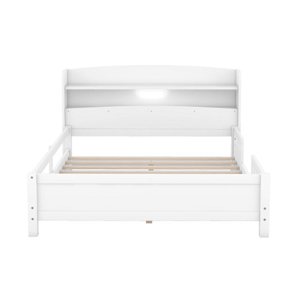 HICOMILA Full Size Bed with Safety Guardrails and Storage Headboard, Wood Platform Bed Frame with Shelves and Built-in LED Light, Antique Grey