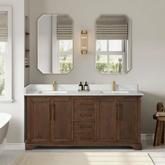 Tokyo 72" Double Bath Vanity in Aged Dark Brown Oak with Silk White Quartz Stone