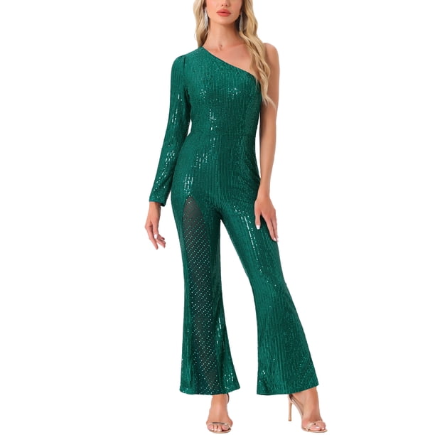 INSPIRAR CHIC Mono de lentejuelas para mujer de un solo hombro, transparente, con piernas anchas, traje de fiesta M Verde