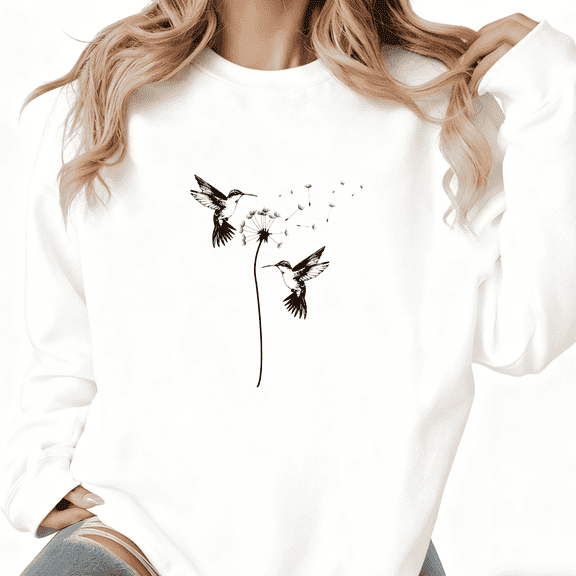 White Hummingbird Dandelion Graphic Print Sweatshirt S-3XL Crew Neck Nature Casual Tops