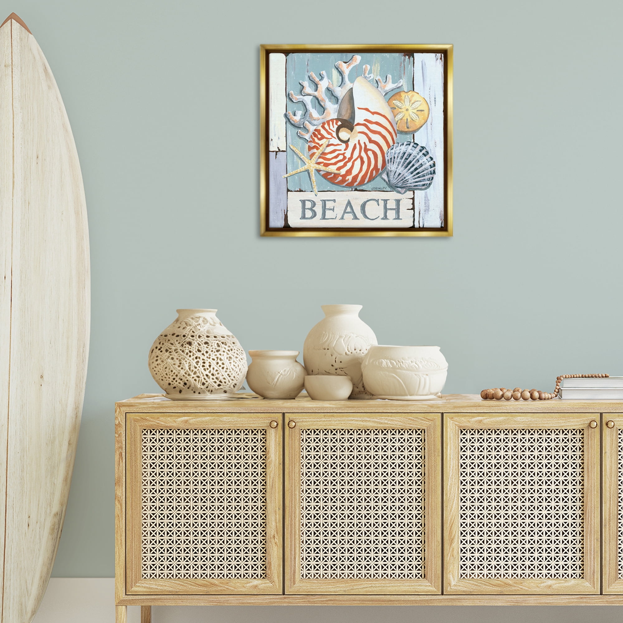 Stupell Industries Distressed Beach Shells Nautical & Beach Painting Gold Floater Framed Canvas Art Print Wall Art, 25 x 25