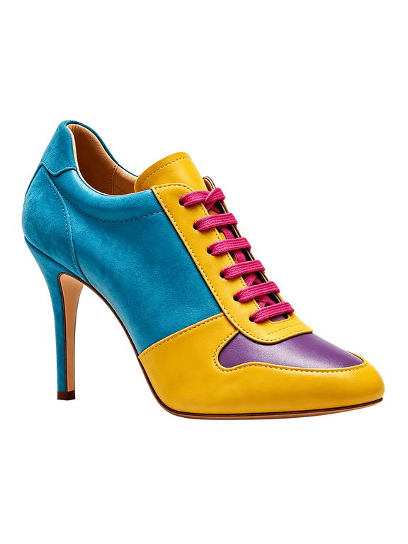 Women Closed Round Toe Sneaker Lace Up Stiletto Pumps Two Tone High Heels Size 7 Yellow Turquoise