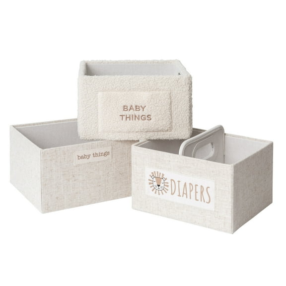 RGI Home Set of 3 Decorative Storage Bins, Baby/Nursery Baskets, Greyboard, Linen, Ivory