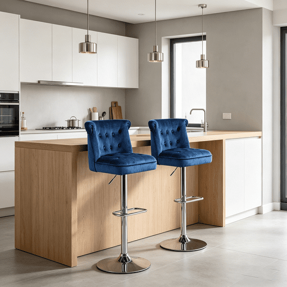 Alexent Adjustable Swivel Velvet Bar Stools Set of 2, 38.2"-46.7" Height Adjustable, Tufted Back, for Kitchen Island & Home Bar, Navy Blue