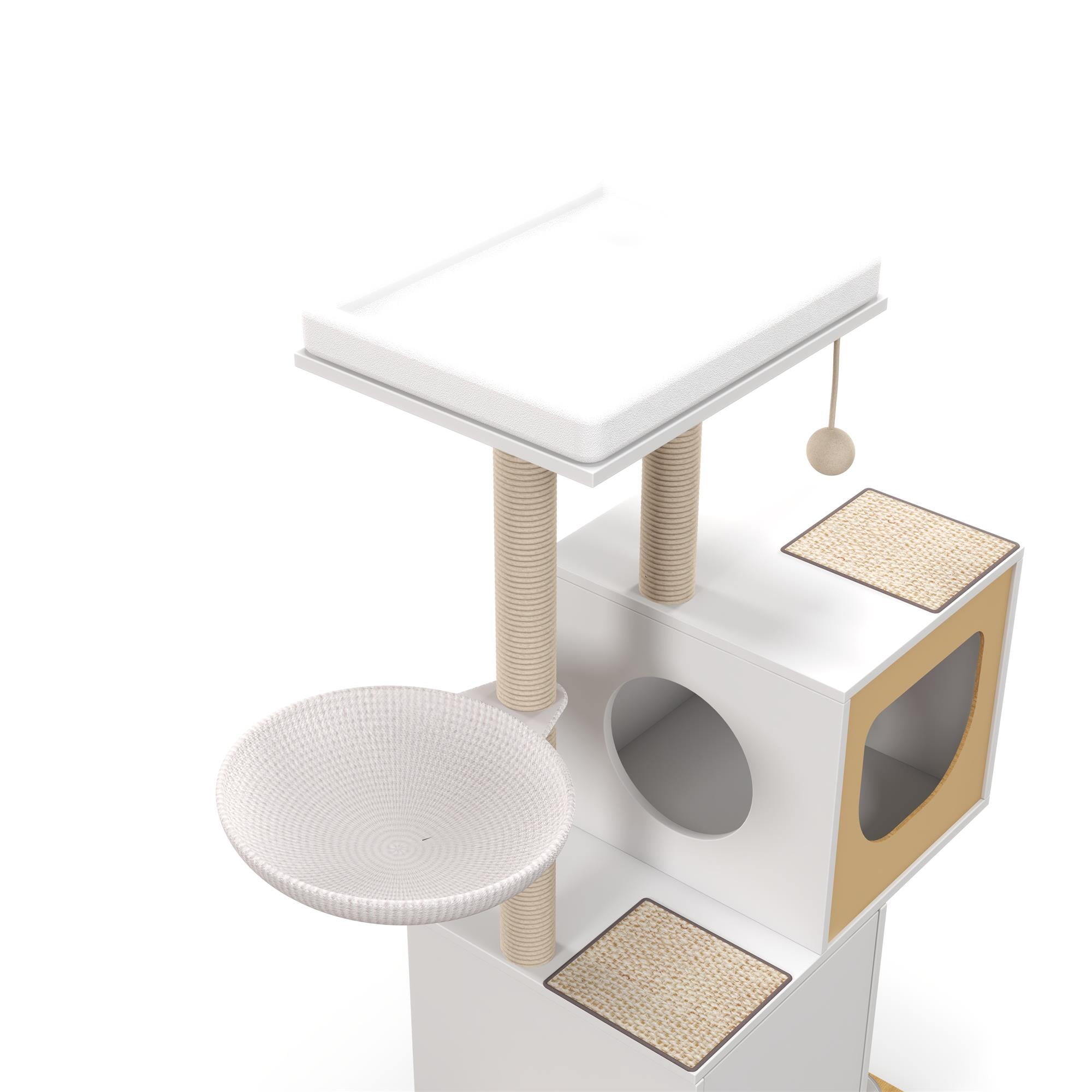 Pefilos 50" Wood Cat Tree Tower Multi-Level Cat Condo with Sisal Scratching Post for Indoor Kitten Activity Centre Furniture, White Pefilos 50" Wood Cat Tree Tower Multi-Level Cat Condo with Sisal Scratching Post for Indoor Kitten Activity Centre Furniture, White