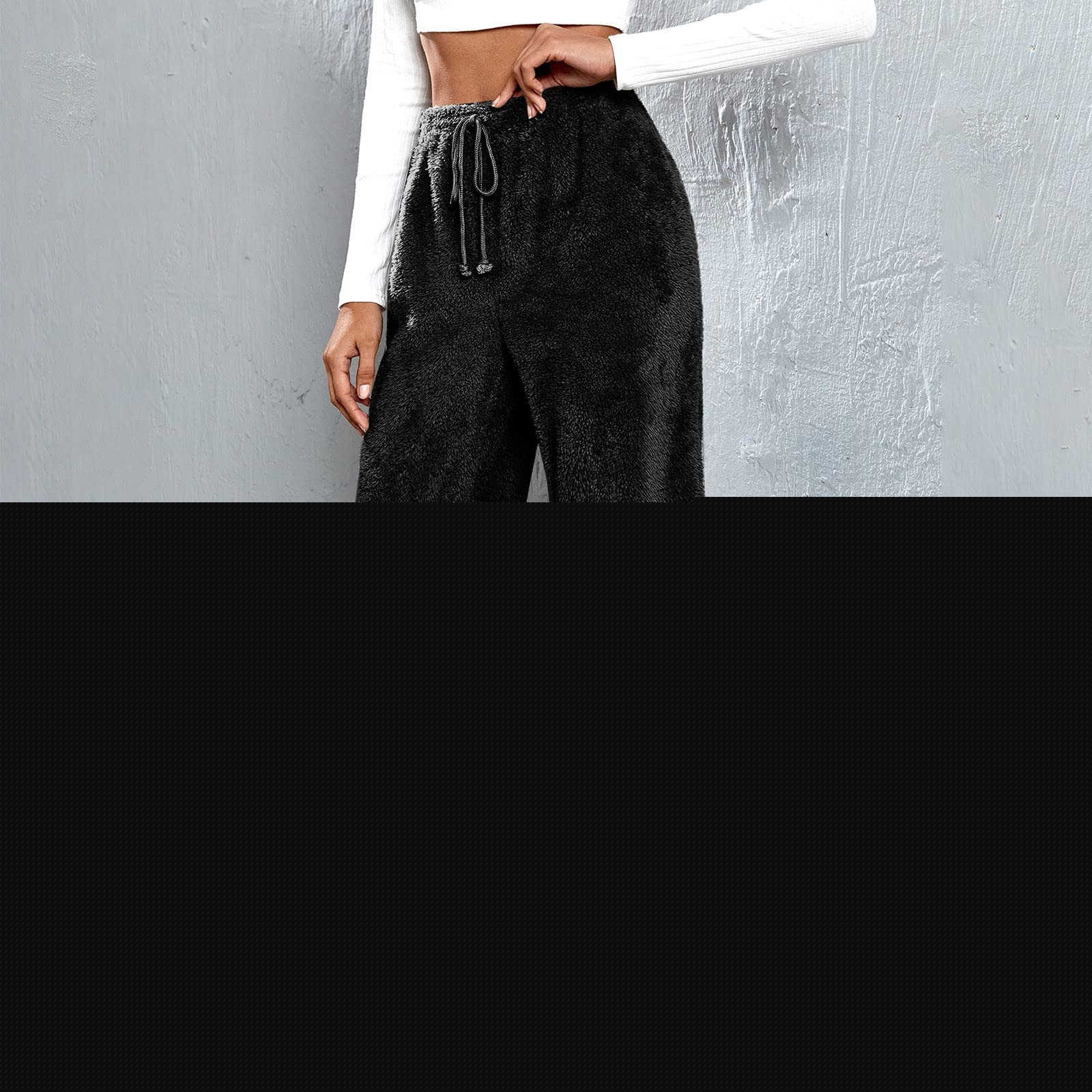 thumbnail image 5 of Women's Faux Lamb Fleece Sweatpants Elastic Waist Drawstring Solid Cuffed Loungewear Joggers with Pockets Black 4XL, 5 of 5