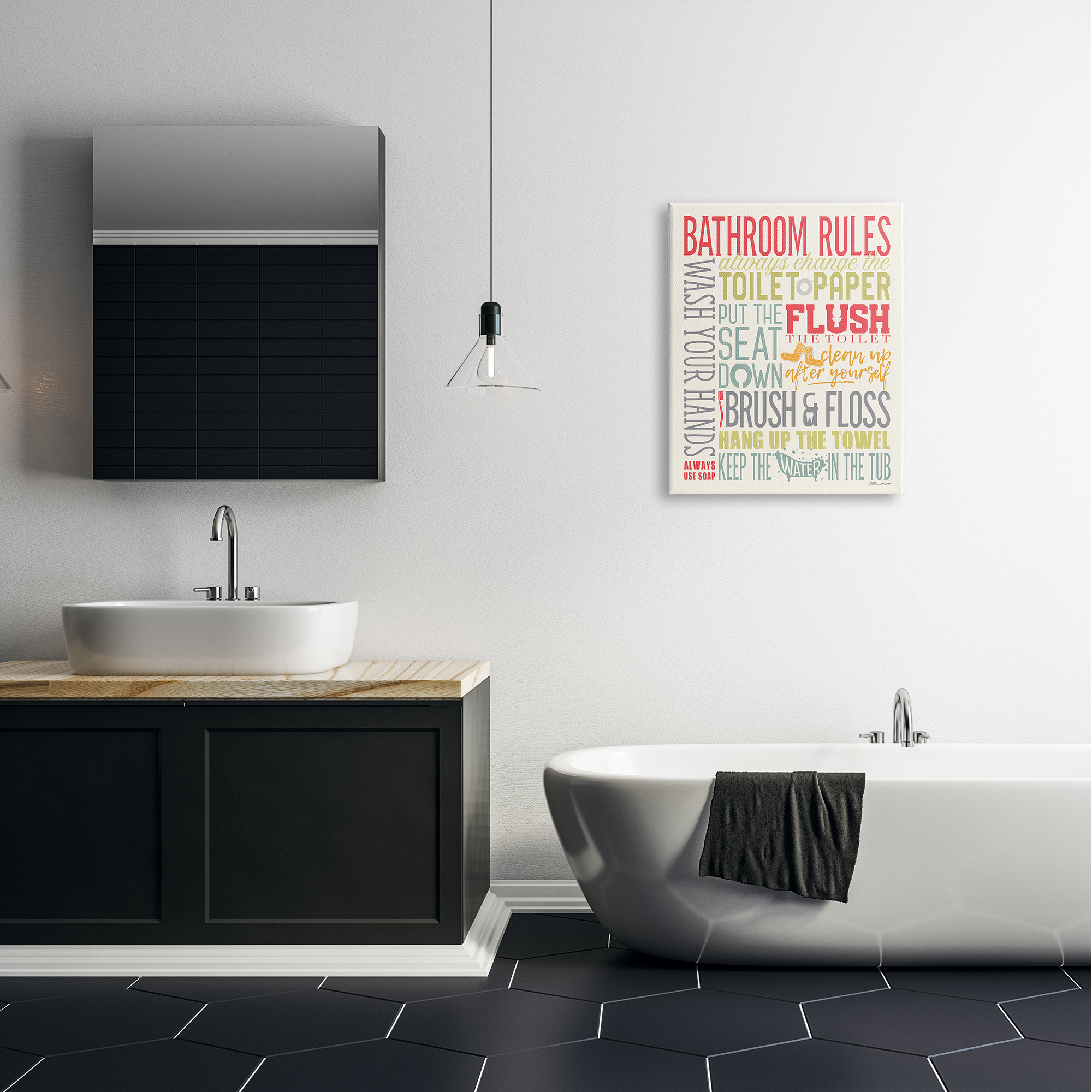 The Stupell Home Decor Collection Bathroom Rules Coral Green Grey and Blue Colorful Typography Canvas Wall Art