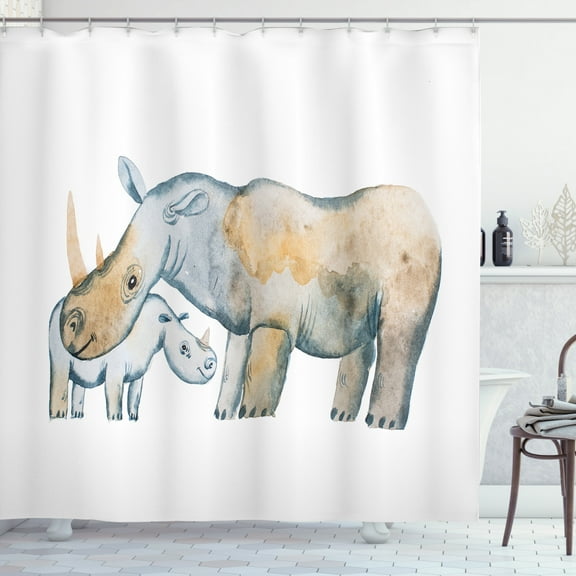 Hippo Shower Curtain, Mother and Baby Two Hippos Drawn with Watercolor Effect in Pastel Colors, Fabric Bathroom Set with Hooks, 69W X 75L Inches Long, Blue Grey Tan and White, by Ambesonne