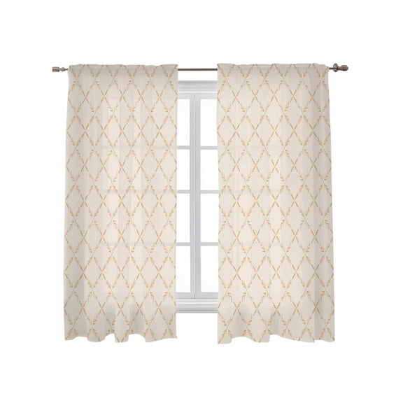 Vintage Wheat Color Curtains 63 Inch Length, Sheer Curtains for Bedroom Living Room Window Geometric Abstract Diamonds Plaid Rod Pocket Drapes Kitchen Curtains Small Half Window 42"x63" 2 Panels