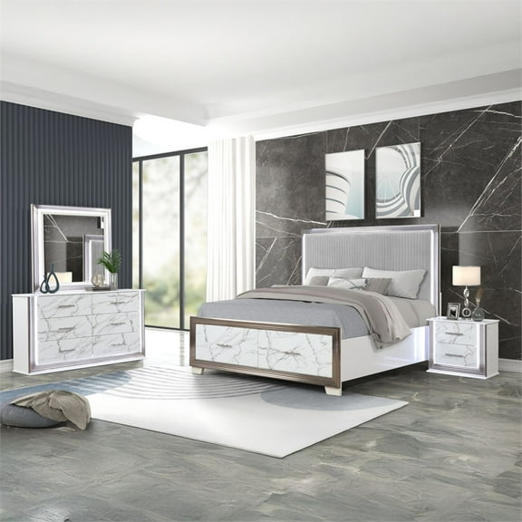 Desire Queen 4PC Set including  Manufactured Wood LED Lighting in White