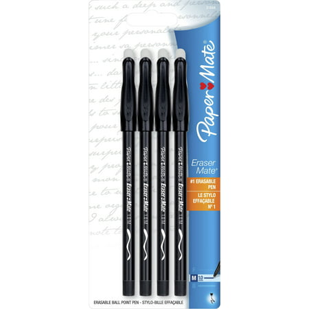 Paper Mate EraserMate Erasable Pens, Medium Point, Black, 4