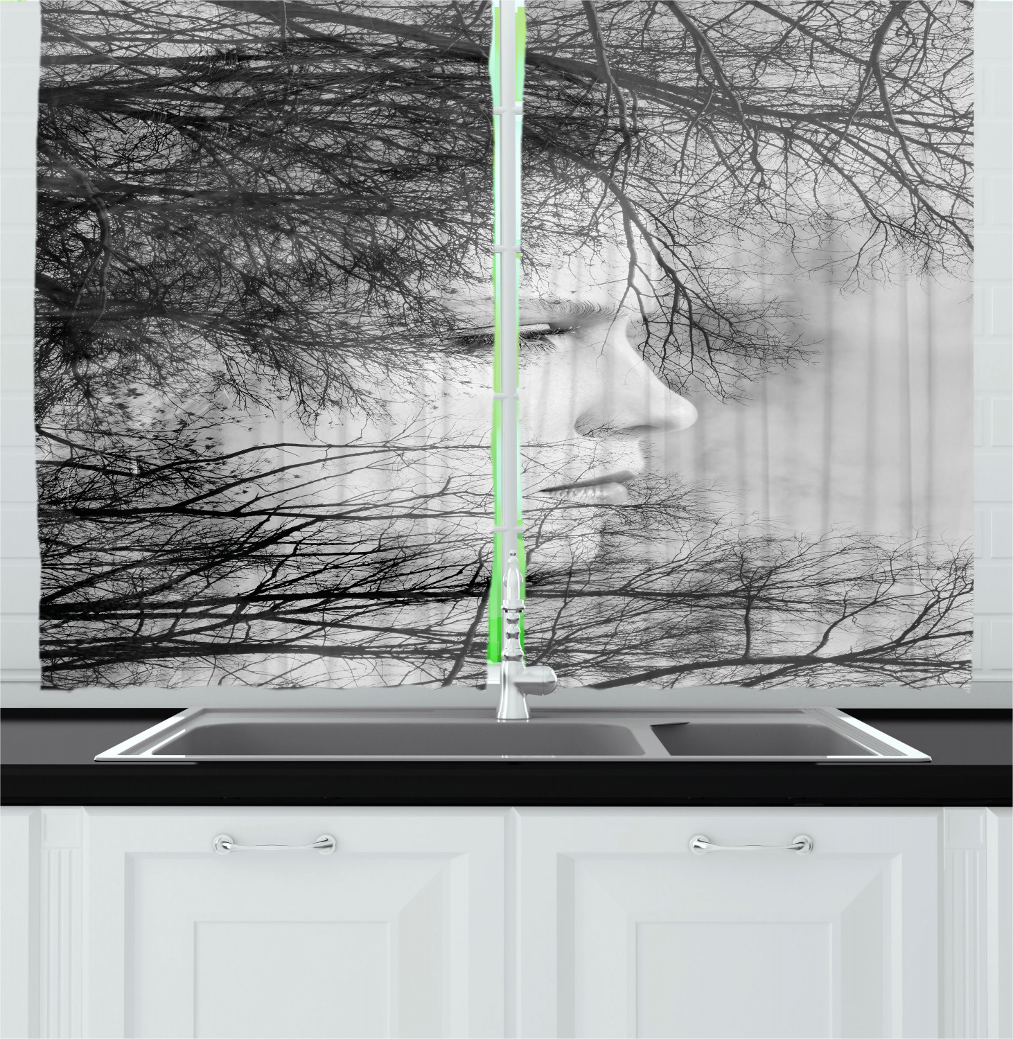 Black and White Curtains 2 Panels Set, Woman Face Among Tree Branches Double Exposure Effect Artistic Print, Window Drapes for Living Room Bedroom, 55W X 39L Inches, Black and White, by Ambesonne