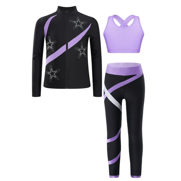 Haitryli Kids Girls Figure Skating Training Outfits Zip Up Skating Jacket Sports Bra with Leggings Set Light Purple 14