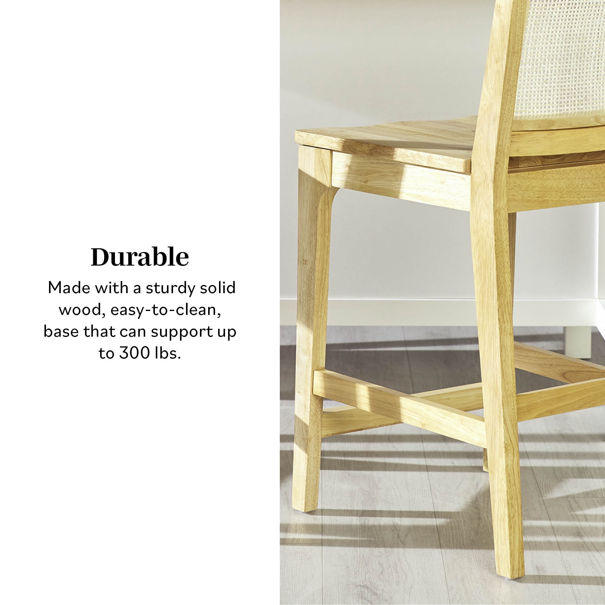 Walker Edison Collection Solid Wood Counter Stool with Woven Rattan Back, Natural (Set of 2)