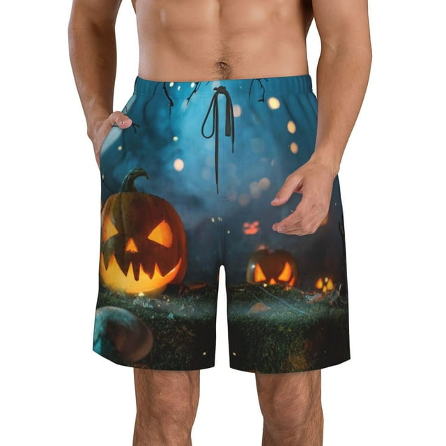 Saiise Spooky Halloween Print Men's Swim Trunks Hawaiian Bathing Suit Swimsuits Beach Shorts with Pockets-Large