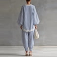 thumbnail image 3 of Women's Blue White Striped Lace Trim Boho Two-Piece Vacation Set Dolman Sleeve V Neck Loose Top & Elastic Cuff High Waist Jogger Pants, 3 of 6