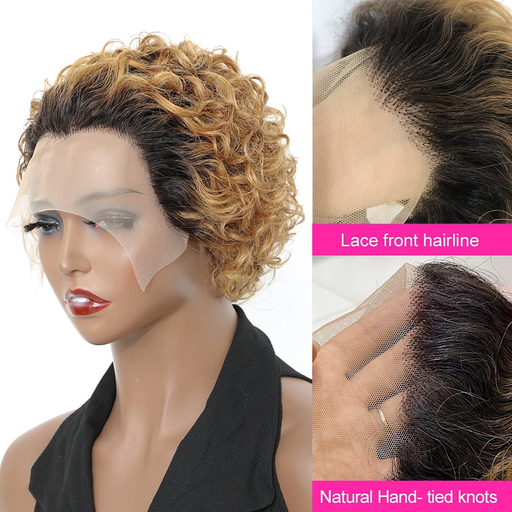 Urbeauty Short Curly Lace Front Wigs for Women 1B/27 Ombre Color Pixie Cut Wigs Human Hair Honey Brown Short Curly Human Hair Wigs Pre Plucked with Baby Hair
