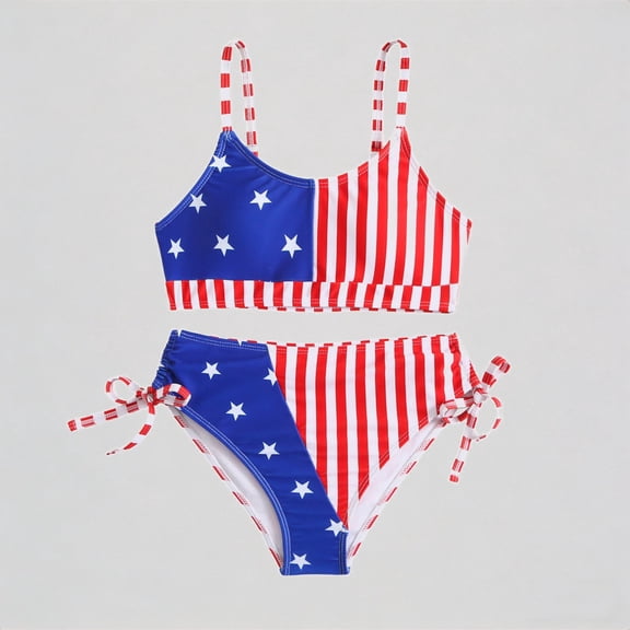 Krdevn Girls 2 Piece Swimsuit, American Flag Bikini with Bow Detail, Cute Independence Day Swimwear for Toddler & Big Kids,11-12 Years