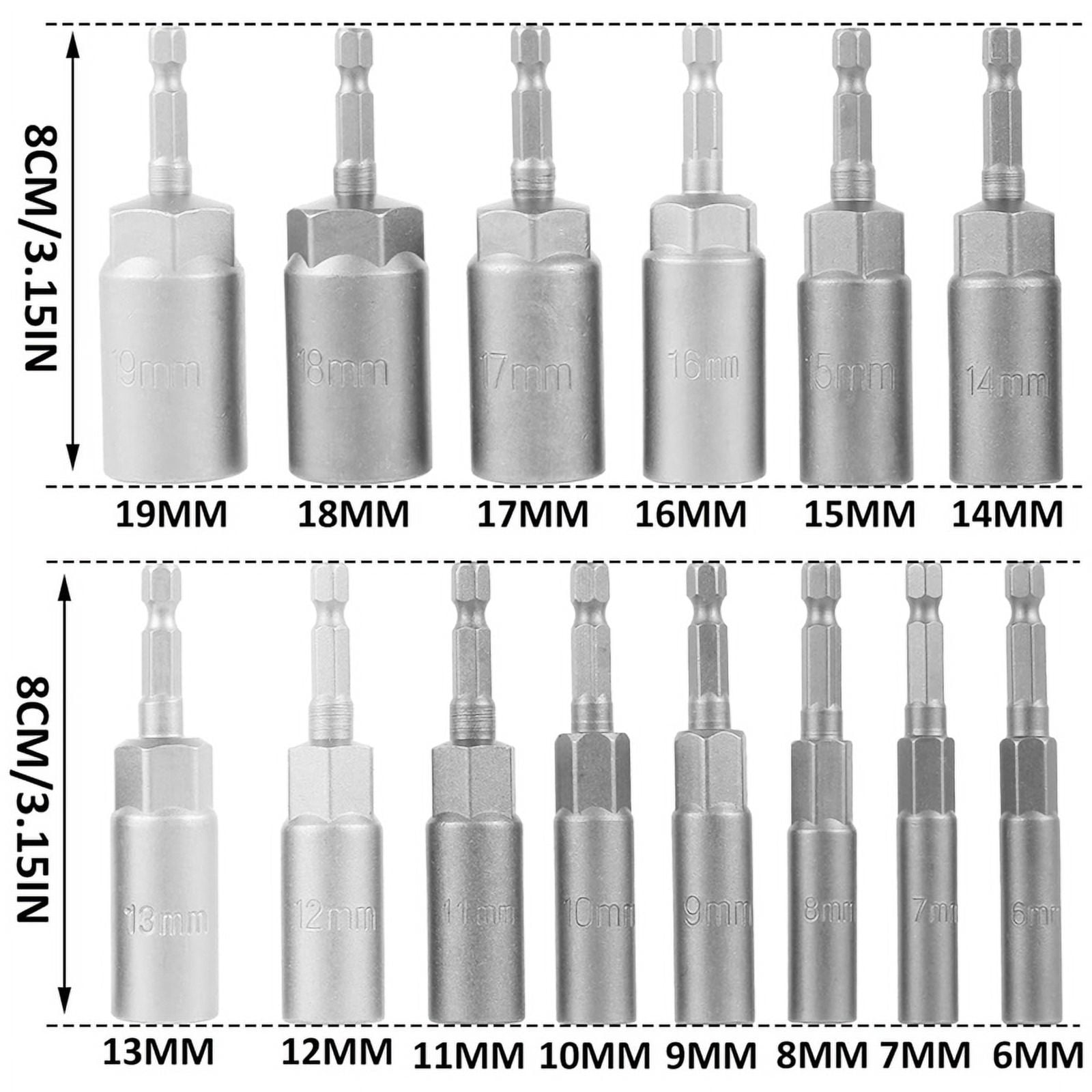 14Pcs Hexagonal Sockets Set, 6-19mm Deep Socket Adapter Kit Hex Nut Driver Bits Set Quick Change Nut Setter