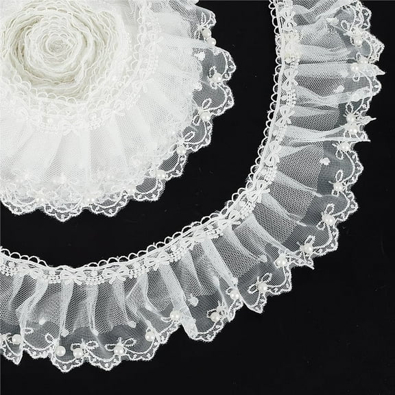 4Yards White Ruffled Lace Trim Fabric 2.36inch Wide Pleated Bowknot Embroidery Lace Ribbons with Plastic Pearl Beads Neckline Trim Lace