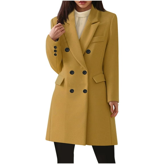 ClodeEU Women's Notched Lapel Double Breasted Trench Coat , Mid Long Wool Blend Coat,Slim Fit Fashion Long Outerwear Khaki,Womens Plus XXXL