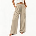 thumbnail image 7 of Hueook Petite Pants for Women Cargo Sweatpants Elastic Drawstring High Waist with Pockets Khaki M, 7 of 7