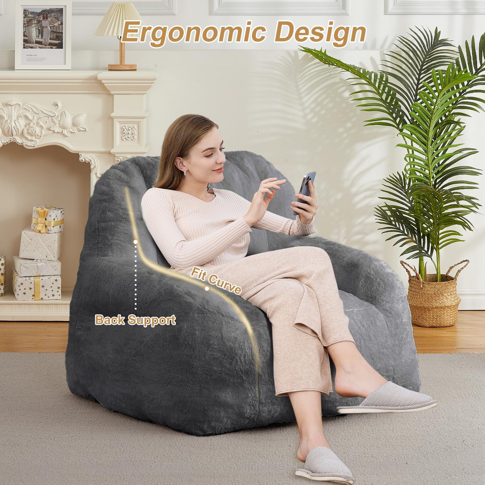 Luku Giant Bean Bag Chair, Faux Fur Stuffed Bean Bag Couch with Filler, Bean Bag Chair for Adults, Big Lazy Sofa Floor Sofa with Handle, Large Living Bean Bag