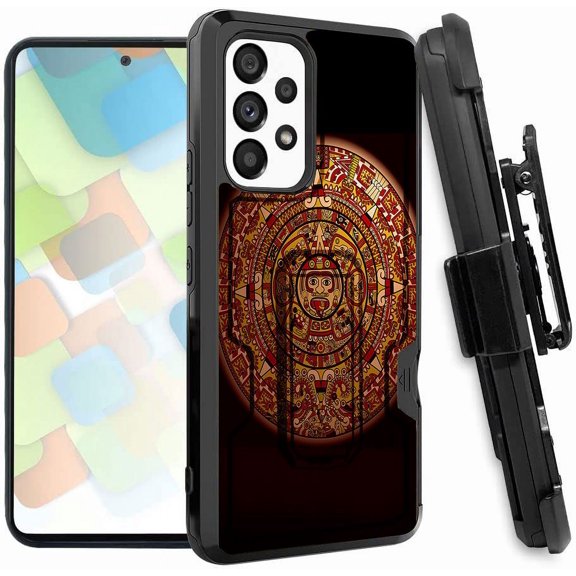 ANJ  Rugged Dual Layered Holster Case w/Kickstand, Card Slot Case   Tempered Glass Cover for Samsung Galaxy A53 5G - Wooden Mayan