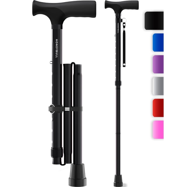 Bastón HoneyBull | Bastones de una sola punta para hombres y mujeres, plegables, ajustables, resistentes hasta 113 kg, bastones para personas mayores (negro)