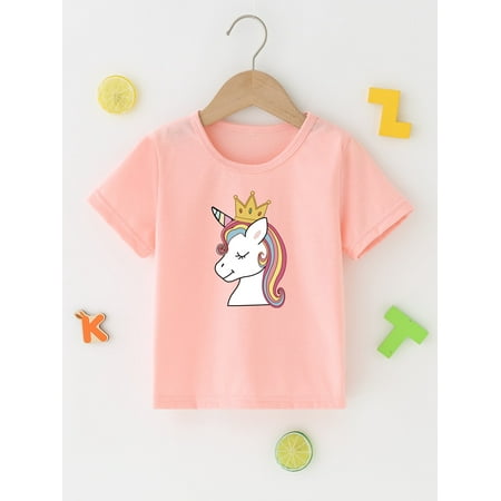 

Coral Pink Toddler Girls Unicorn Print Tee Casual 110 S040E