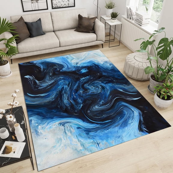 Blue White Watercolor Abstract Art Painting Non Slip Rug, Foldable Short Pile Breathable Washable Rug For Bedroom Sofa Living Room Dorm Nursery Decor Mats 3x5ft