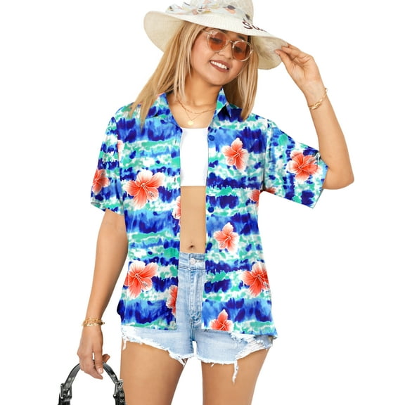 HAPPY BAY Women's Casual Beach Hawaiian Blouse Shirt Dressy Blouses Short Sleeve Button Down Dress Tops Tee Shirts T Shirts for Women S Hibiscus Floral, Royal Blue