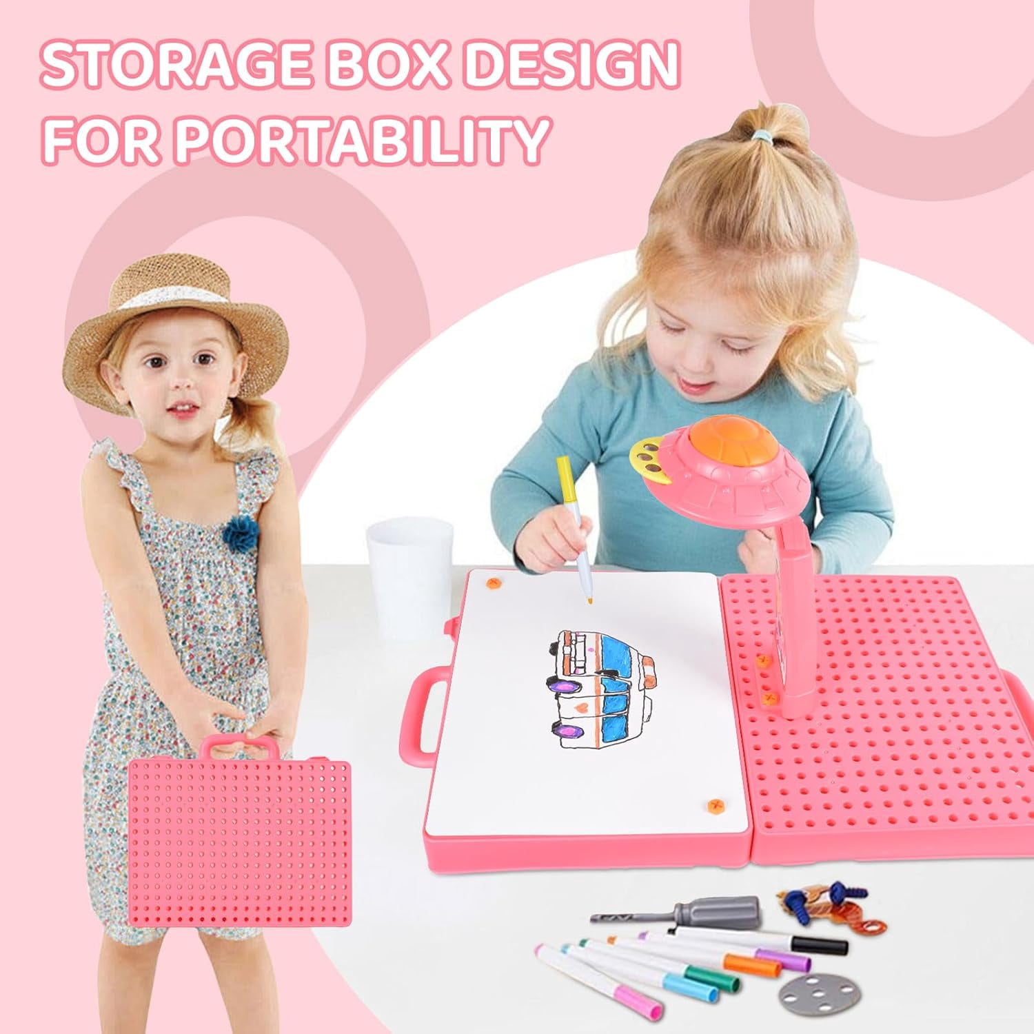 AYAMAYA Drawing Projector for Kids, Art Sketch Projector with 48 Pattern, 6 Color Pens, 4 Doodle Board, Puzzle Cards for Drawing & Tracing, Pinkcing
