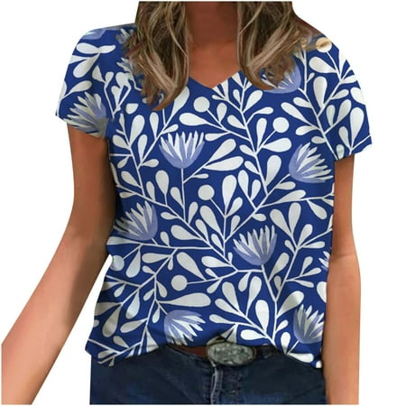 

Summer Blouses for Women 2023 Fashion Women s Summer V-Neck Short Sleeve Print Casual T-shirt Blouse T Shirts for Women Blue L