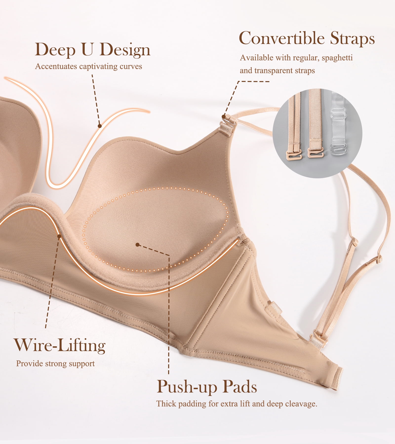 Exerin Women's Plunge Backless Bra Underwire Push Up Padded Multiway Low Back Bras(36A,Beige)