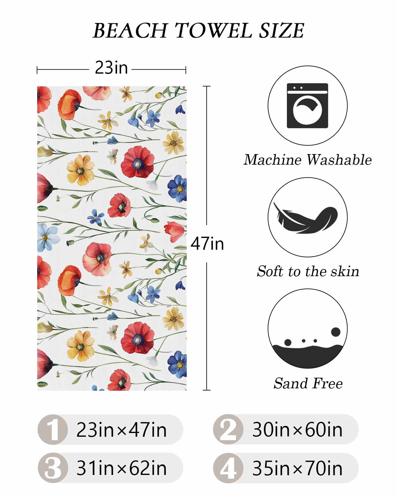 Pink Colorful Poppy Beach Towels Oversized Super Absorbent, Spring Pastoral Flowers Leaves Lightweight Bath Towel Quick Dry Sets For Bathroom/Pool/Rv Camping/Beach Play/Gym Room/Picnic 23"x47"